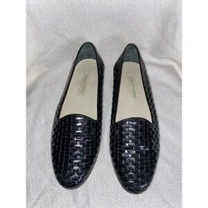 Women’s Trotters Liz Loafer Flats Black Leather Basket Weave Slipon Sz 10.5 WIDE